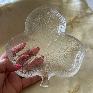 Vintage Hazel Atlas Clear Textured Leaf Design Divided Nut / Candy / Relish Dish